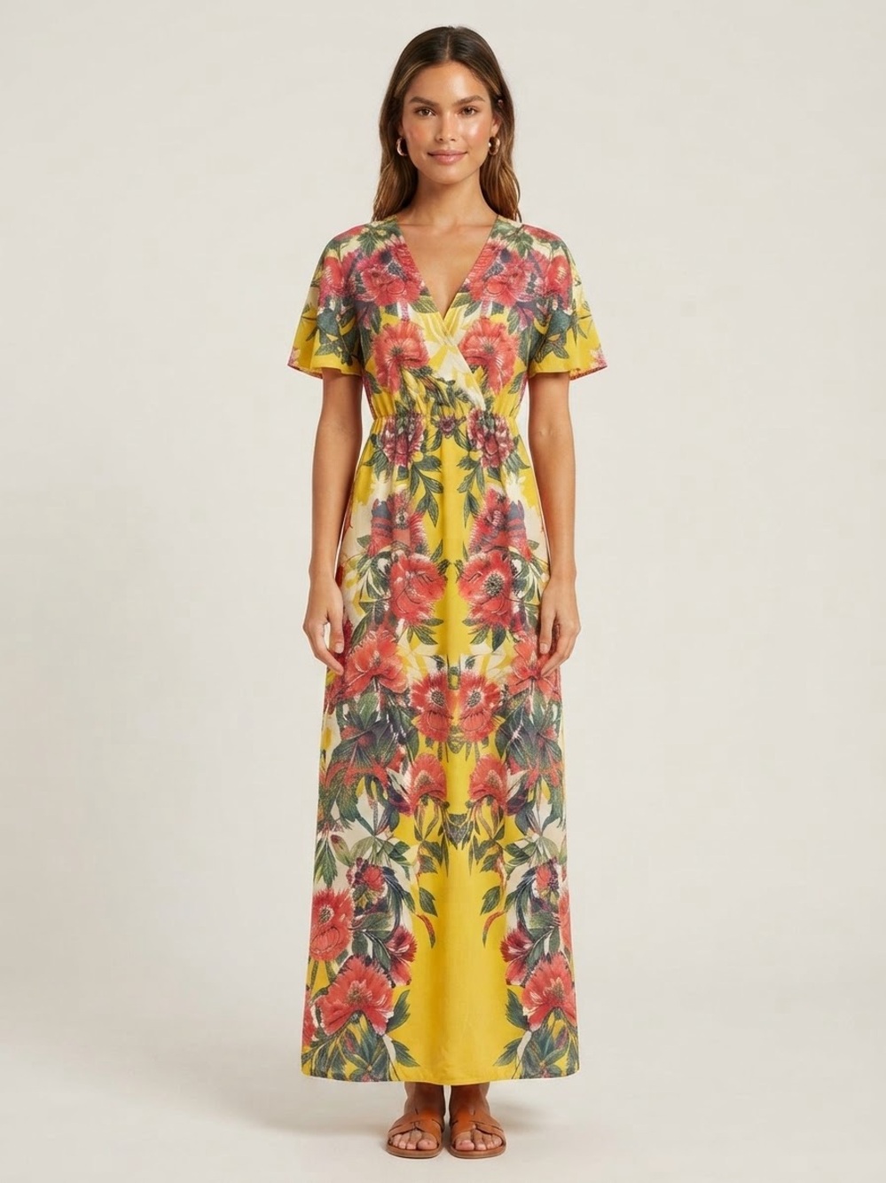 Flying Tomato Yellow Floral Wrap Maxi Dress with Red Blooms